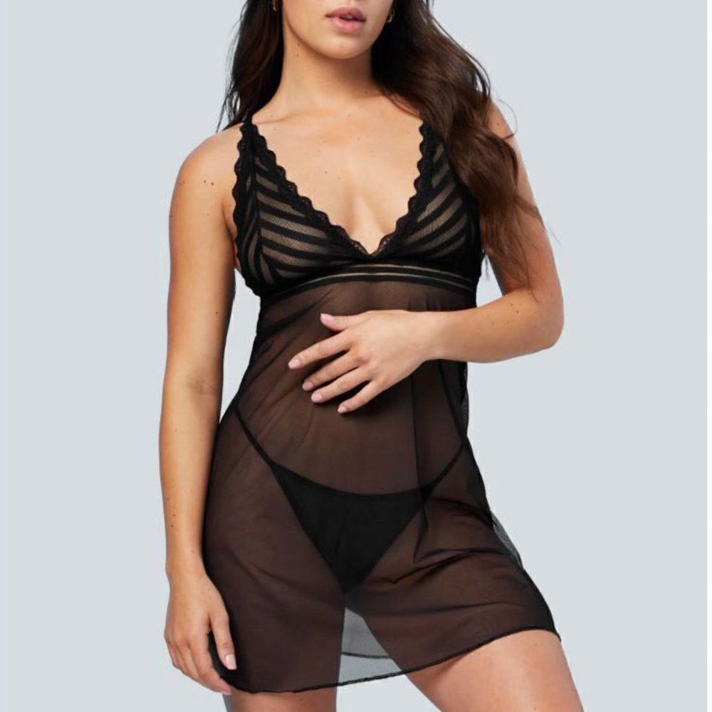 Black‎ Stripe Mesh Sexy Sheer Black Babydoll Set Lingerie